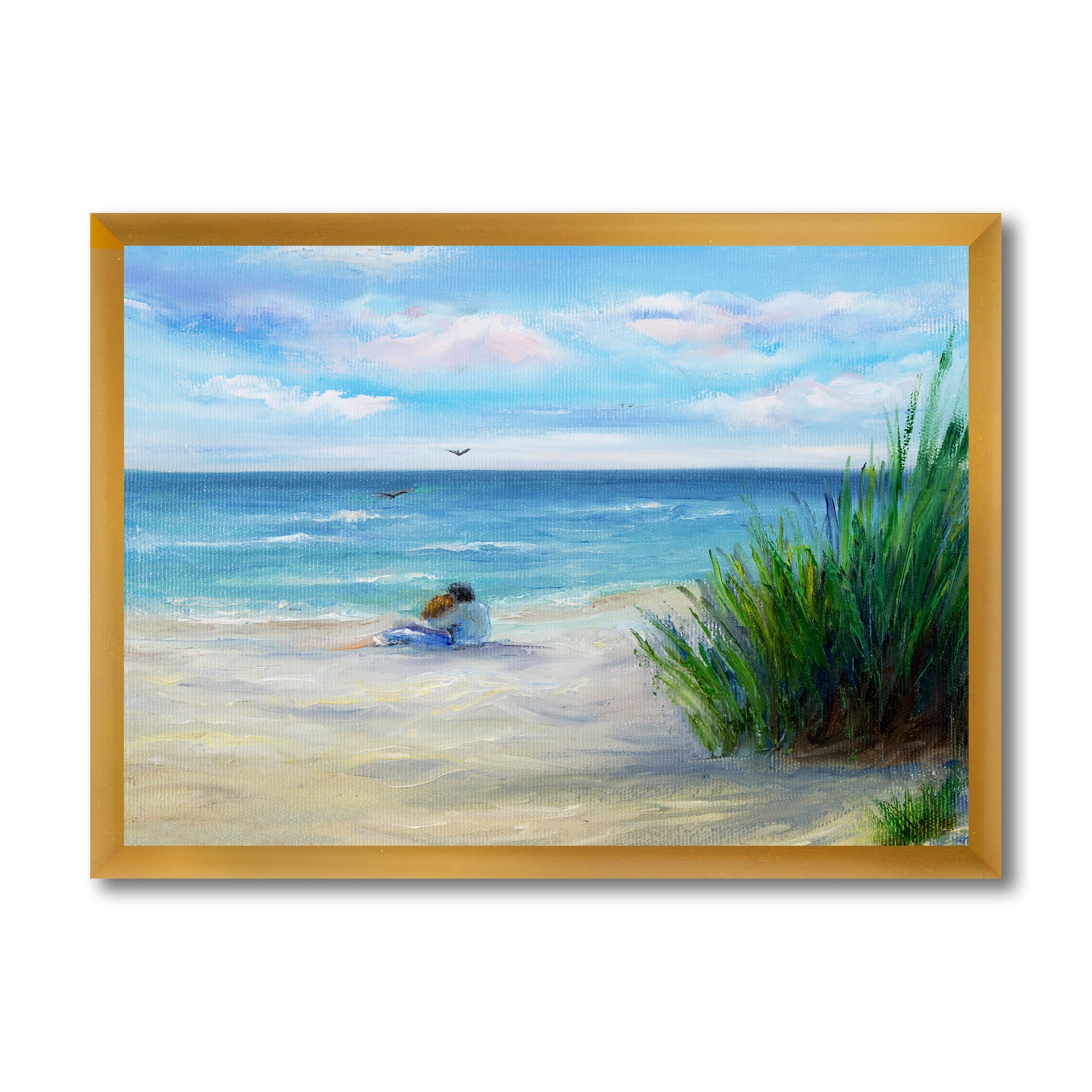 Designart 'Couple Sitting In Love By The Beach' Nautical & Coastal Framed Art Print