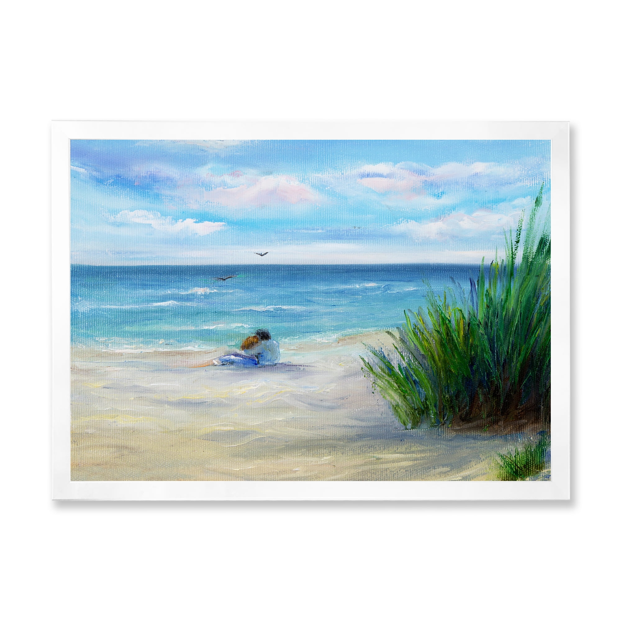 Designart 'Couple Sitting In Love By The Beach' Nautical & Coastal Framed Art Print