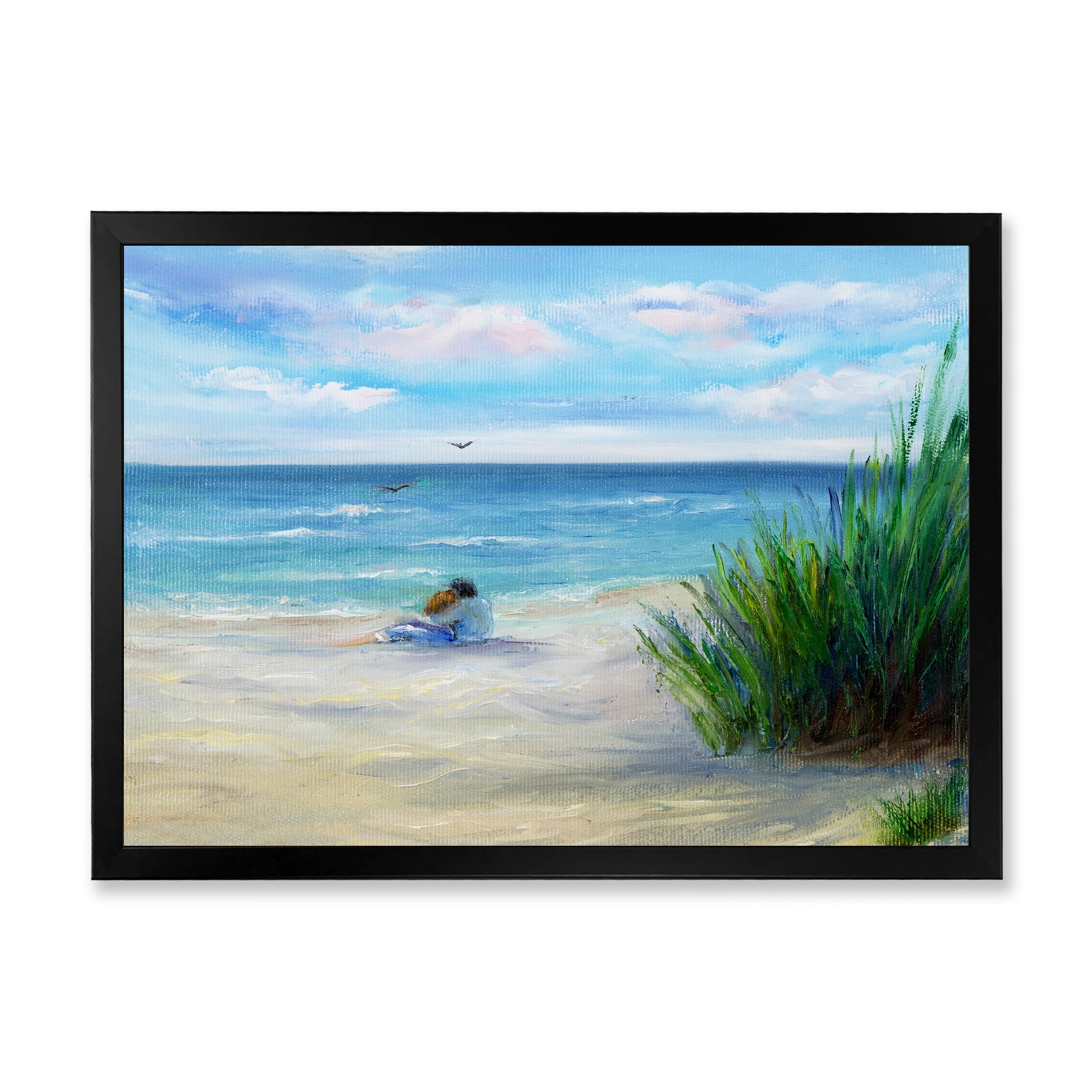 Designart 'Couple Sitting In Love By The Beach' Nautical & Coastal Framed Art Print