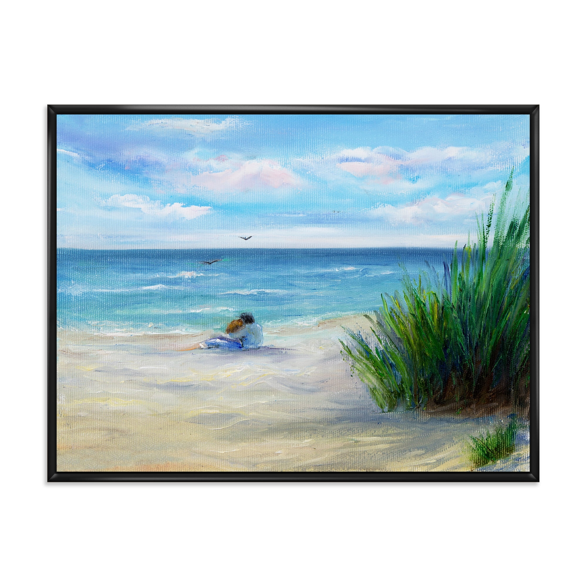 Designart 'Couple Sitting In Love By The Beach' Nautical & Coastal Framed Canvas Wall Art Print