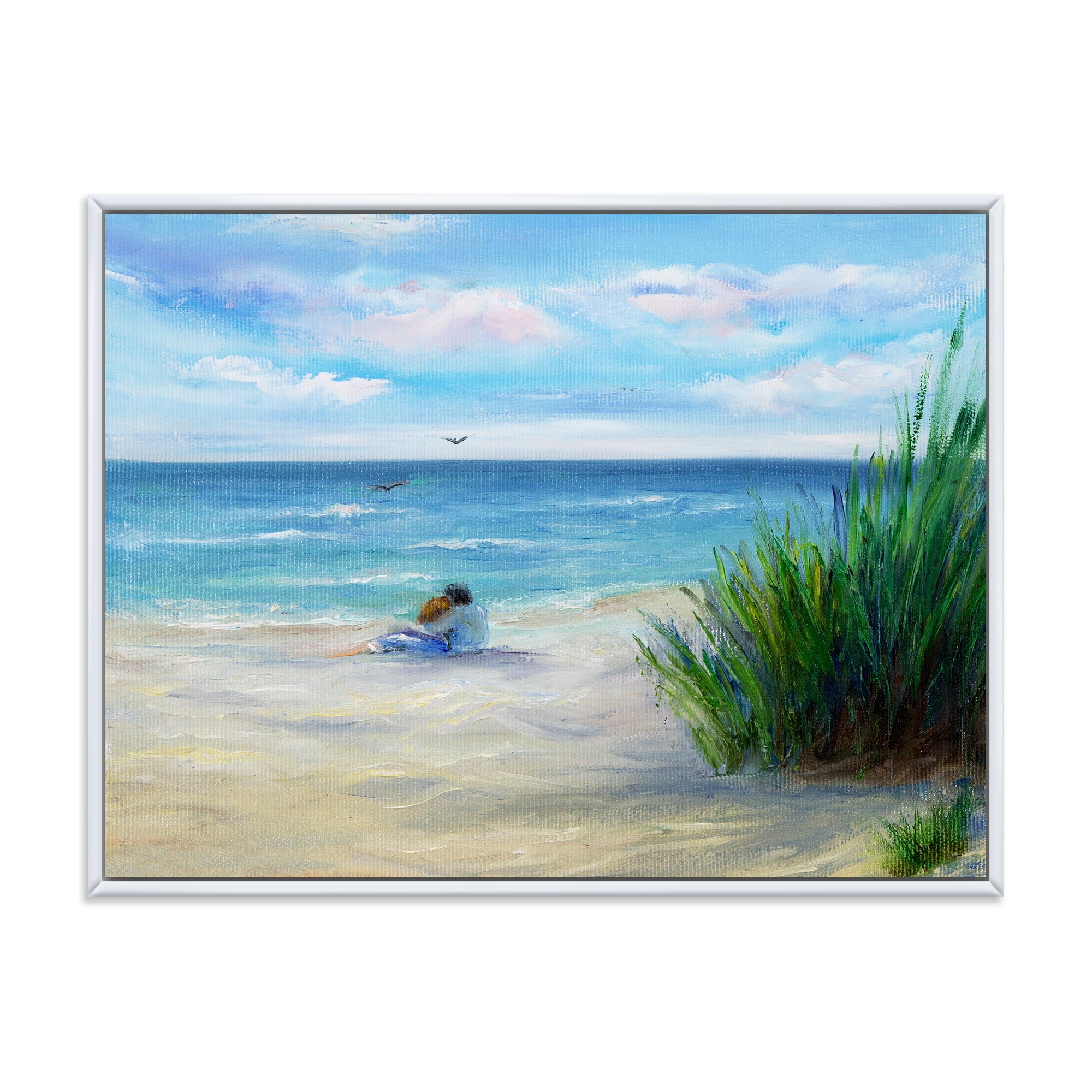 Designart 'Couple Sitting In Love By The Beach' Nautical & Coastal Framed Canvas Wall Art Print