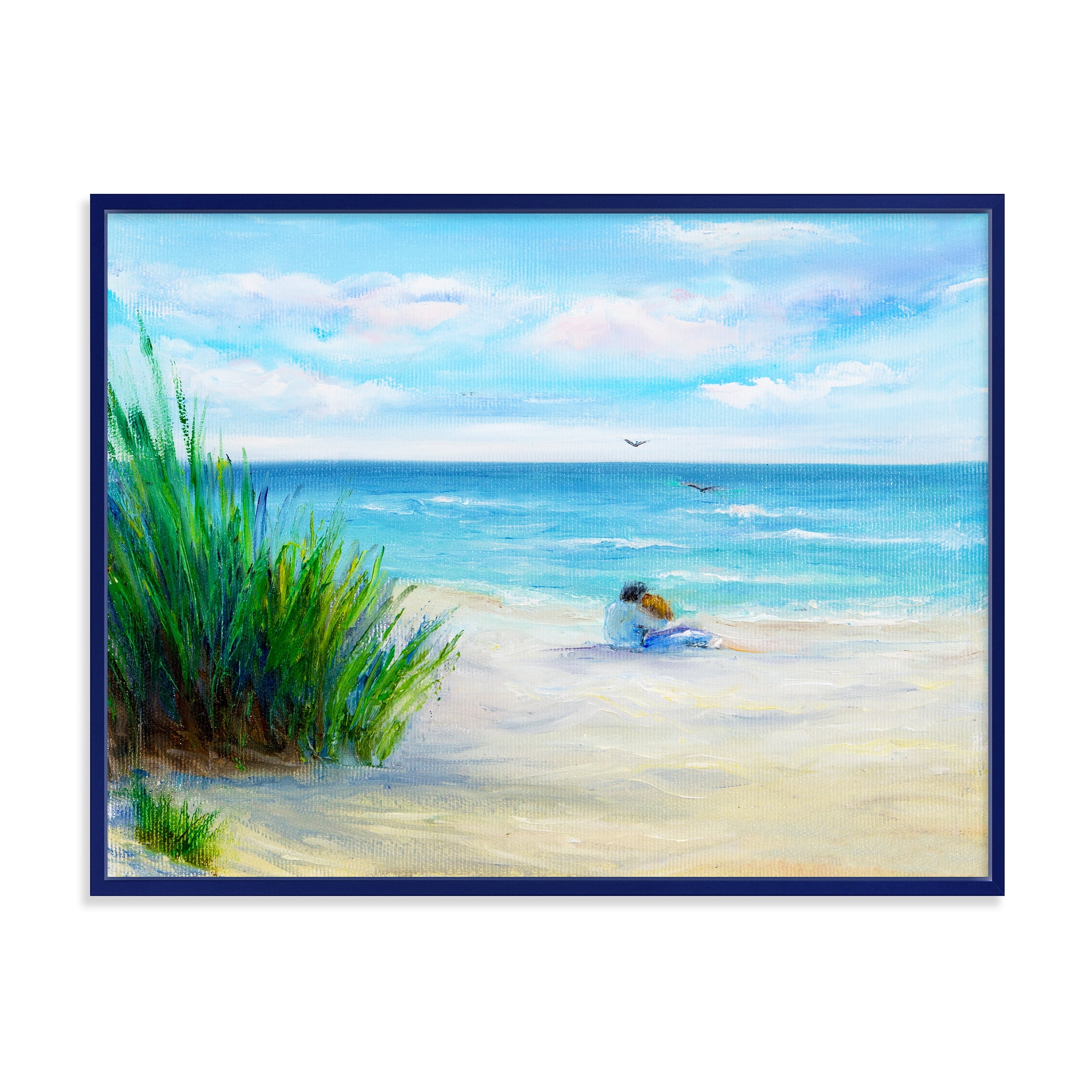 Designart 'Couple Sitting In Love By The Beach' Nautical & Coastal Framed Canvas Wall Art Print