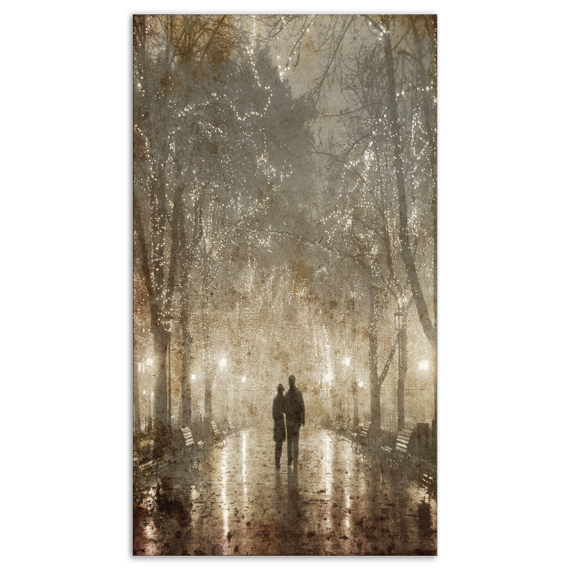 Couple Walking in Night Lights Landscape Canvas Print with Wood Frame