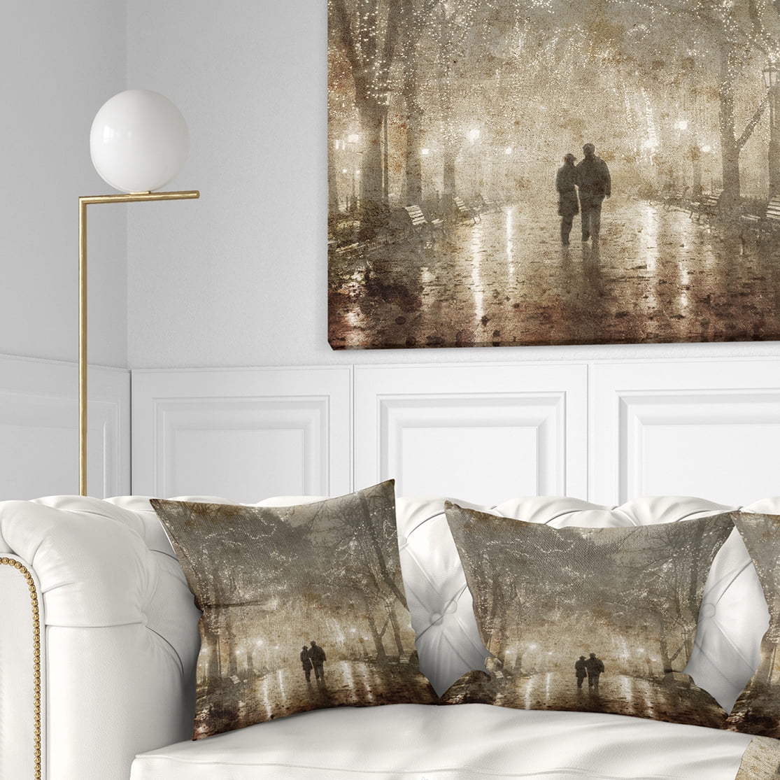 Designart Couple Walking in Night Lights - Landscape Photography Throw Pillow - 16x16