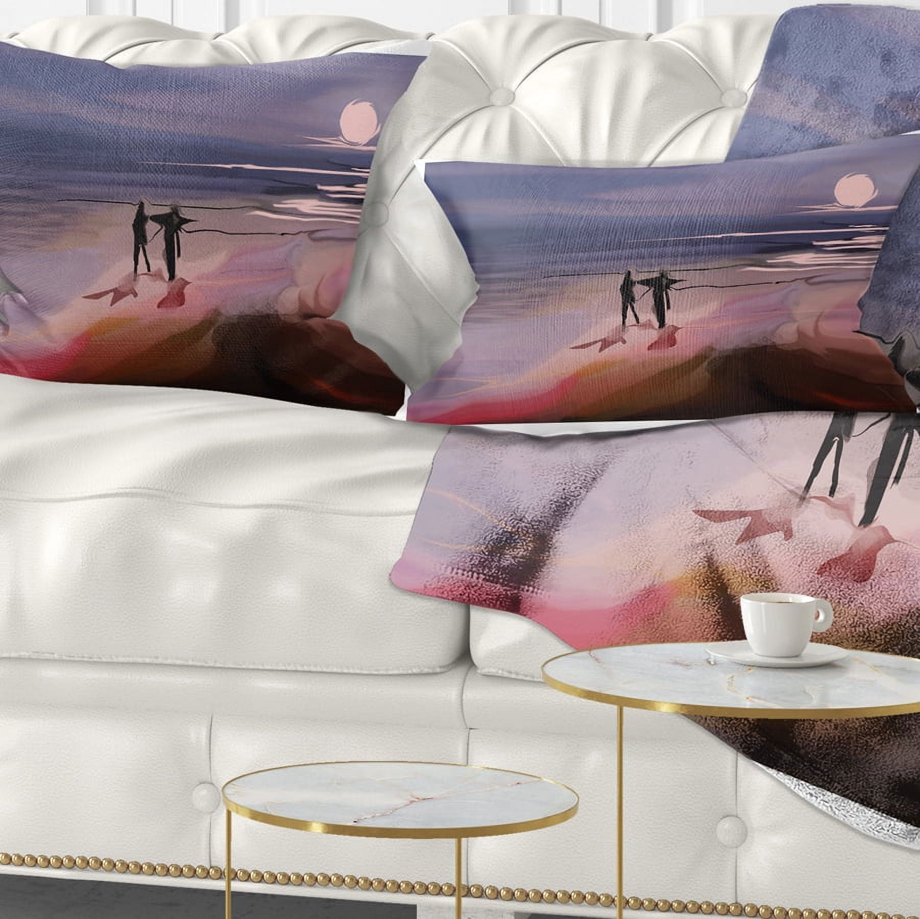 Designart Couple Walking near Ocean at Night - Seashore Photo Throw Pillow - 12x20