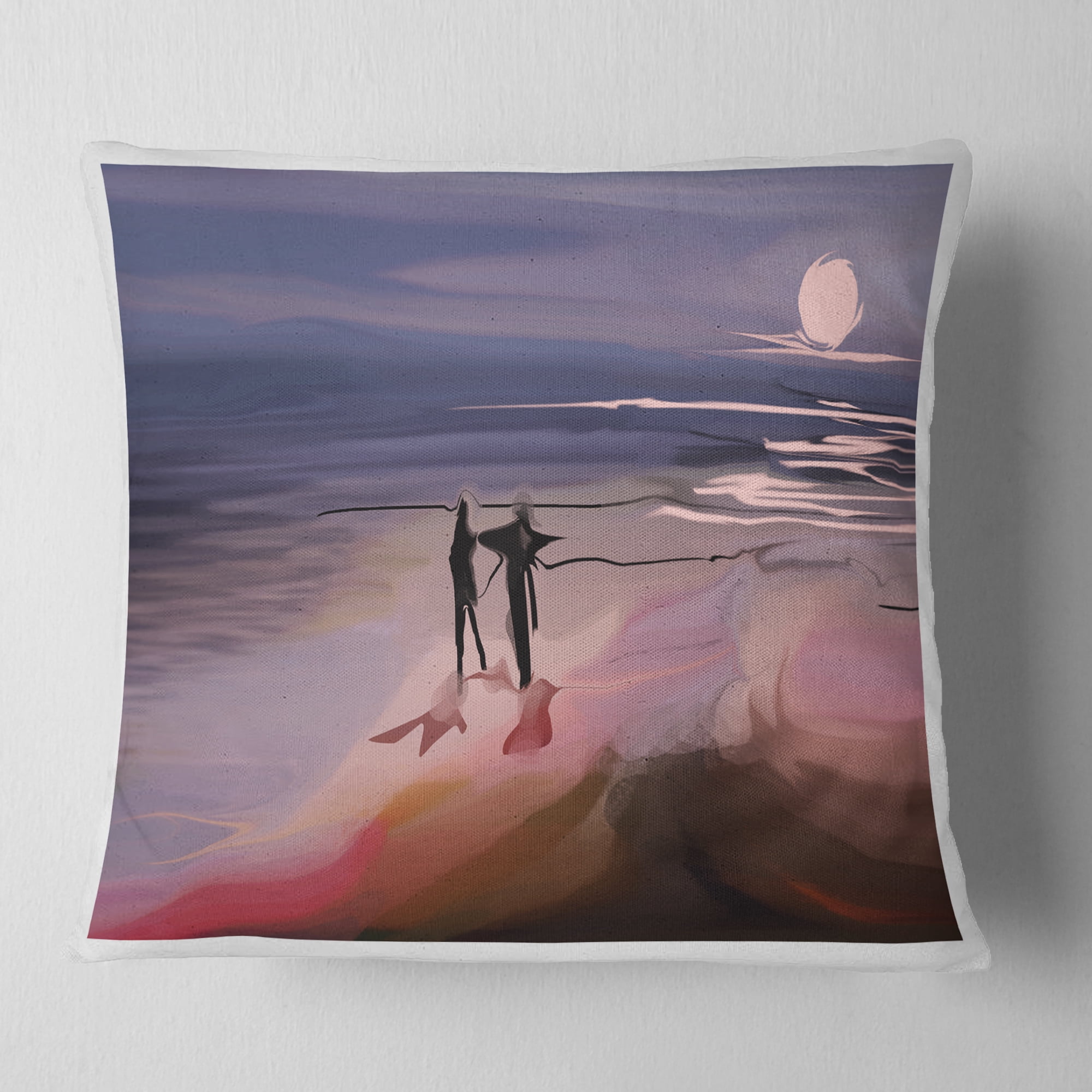 Designart Couple Walking near Ocean at Night - Seashore Photo Throw Pillow - 18x18