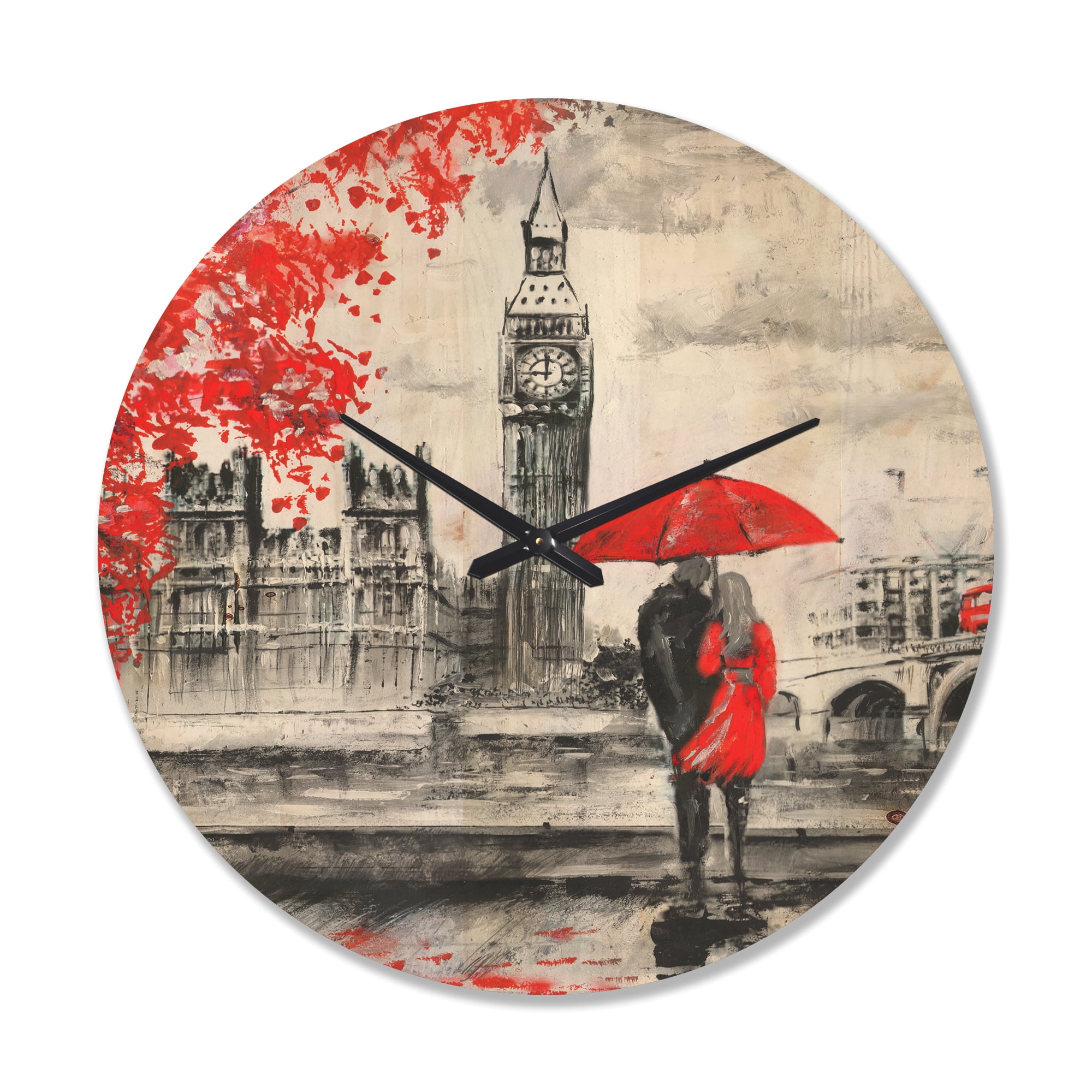 Designart 'Couples Holding Umbrella Walking in Paris II' Modern Wood Wall Clock