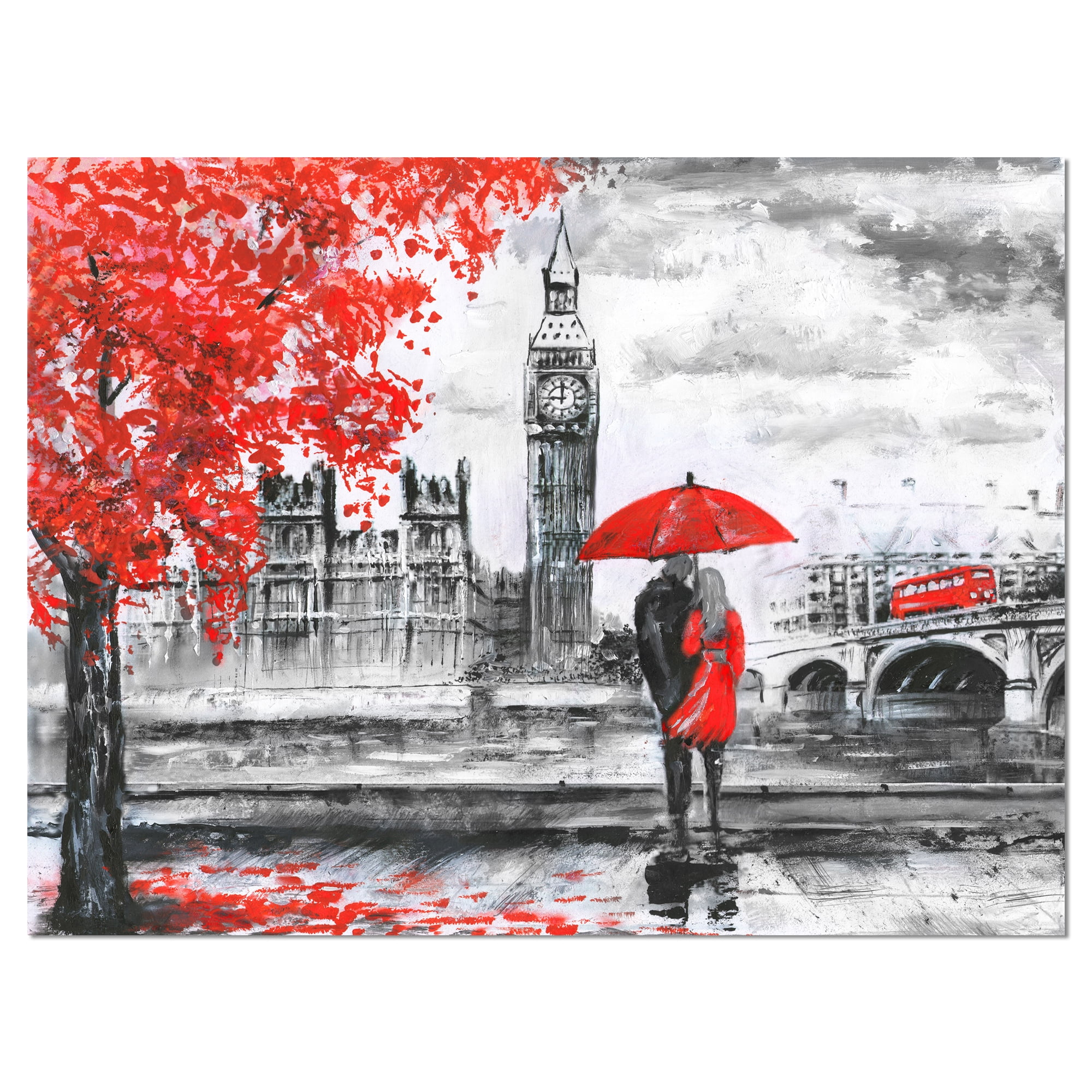 Romantic Red and Gray Couples Walking in Paris Landscape Canvas Art
