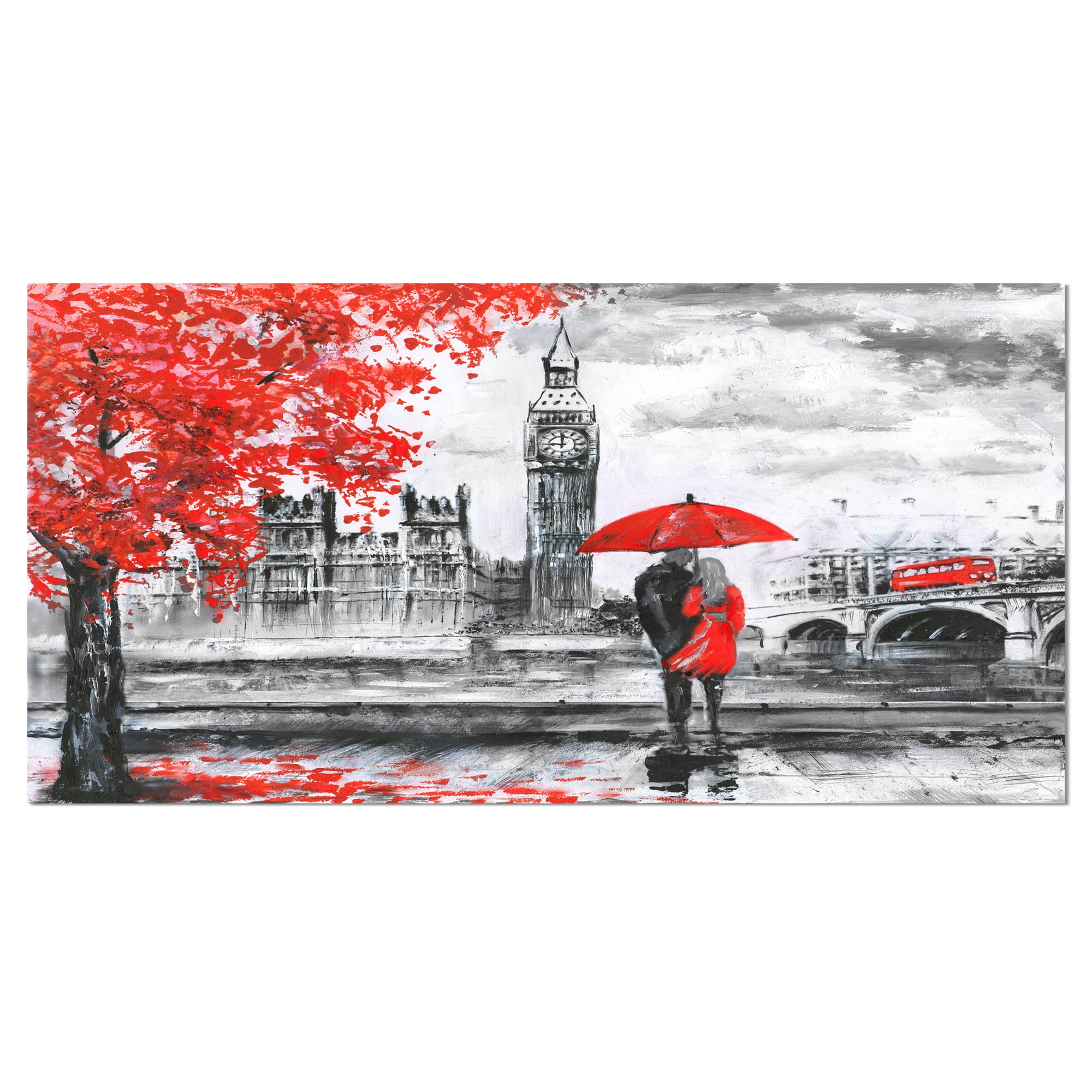 Romantic Red and Gray Couples Walking in Paris Landscape Canvas Art Print