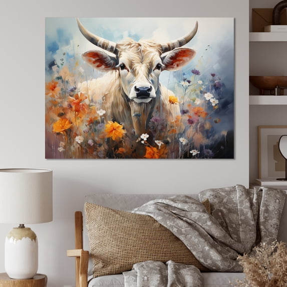 Designart "Cow Floral euphony II" Animals Canvas Print