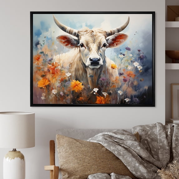 Designart "Cow Floral euphony II" Animals Floater Framed Canvas Print