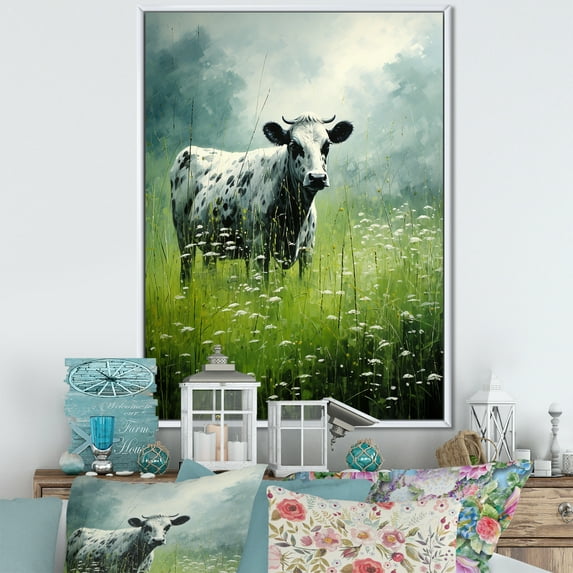 Designart "Cow Grazing In Lush Green Pastures I" Animals Cow Floater Framed Canvas Art Print