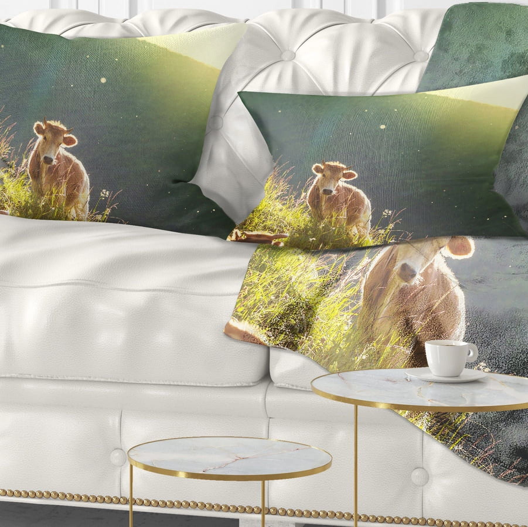 Designart Cow Grazing on Meadow Evening - Landscape Printed Throw Pillow - 12x20