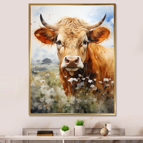 Designart "Cow Petals landscape III" Animals Floater Framed Wall Decor