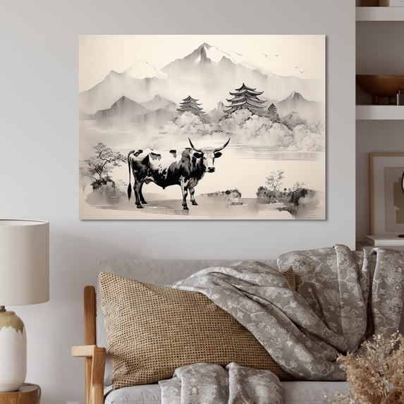 Designart "Cow Sumi Asian beauty I" Asian Art Metal Art Living Room