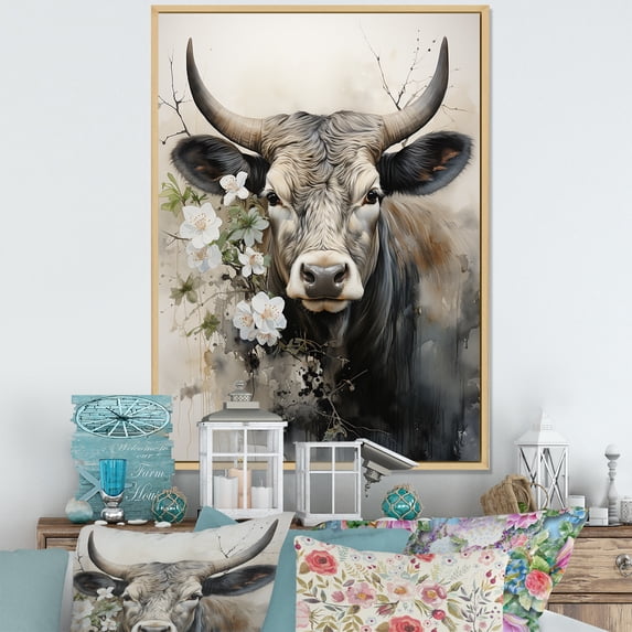 Designart "Cow Sumi Asian beauty X" Asian Floater Framed Canvas Wall Art