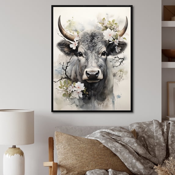 Designart "Cow Sumi Asian beauty XIII" Asian Floater Framed Wall Art Living Room