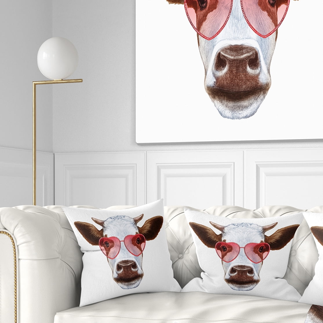 Designart Cow with Red Heart Glasses - Animal Throw Pillow - 16x16