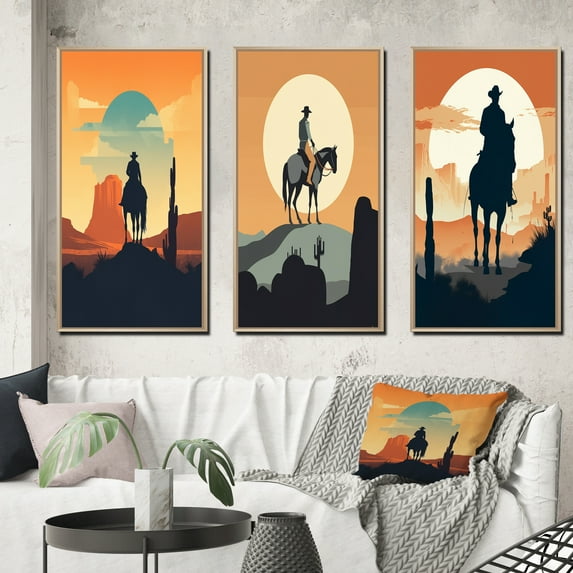 Designart "Cowboy in Minimalism III" Men Framed Wall Art Set Of 3 - Orange Men Frame Gallery Set For Office Decor