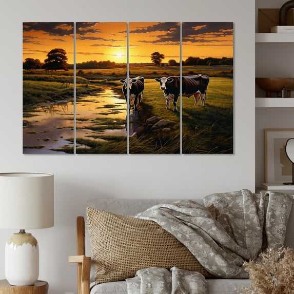 Designart "Cows At Farm horizon IV" Animals Metal Wall Art Set