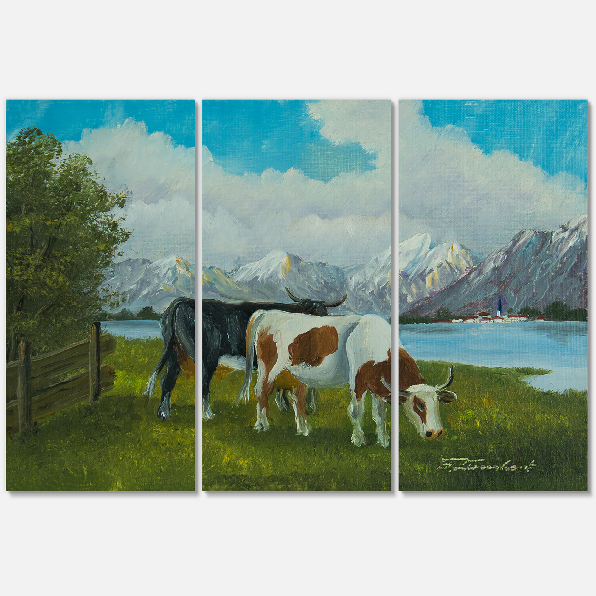 Designart ' Cows Eating Grass In Front Of A Lake ' Farmhouse Canvas Wall Art Print