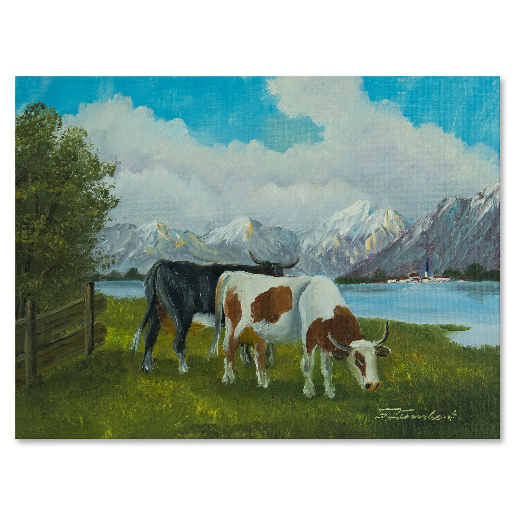 Designart ' Cows Eating Grass In Front Of A Lake ' Farmhouse Canvas Wall Art Print