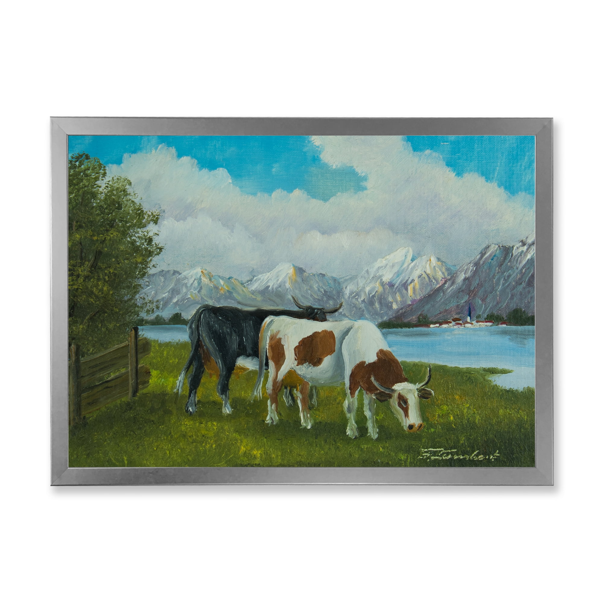 Designart 'Cows Eating Grass In Front Of A Lake' Farmhouse Framed Art Print
