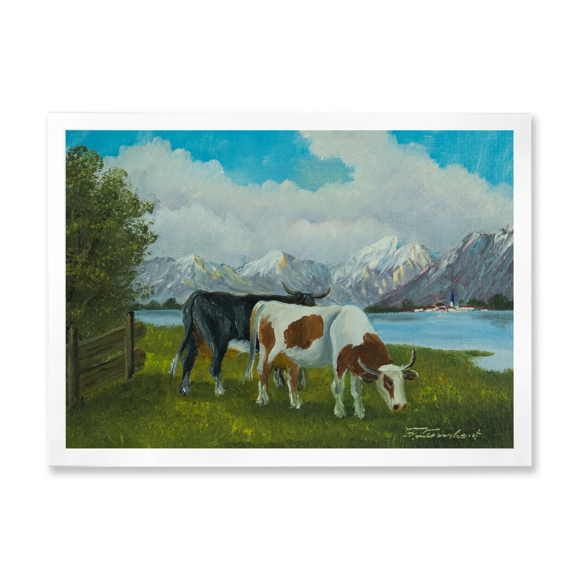 Designart 'Cows Eating Grass In Front Of A Lake' Farmhouse Framed Art Print