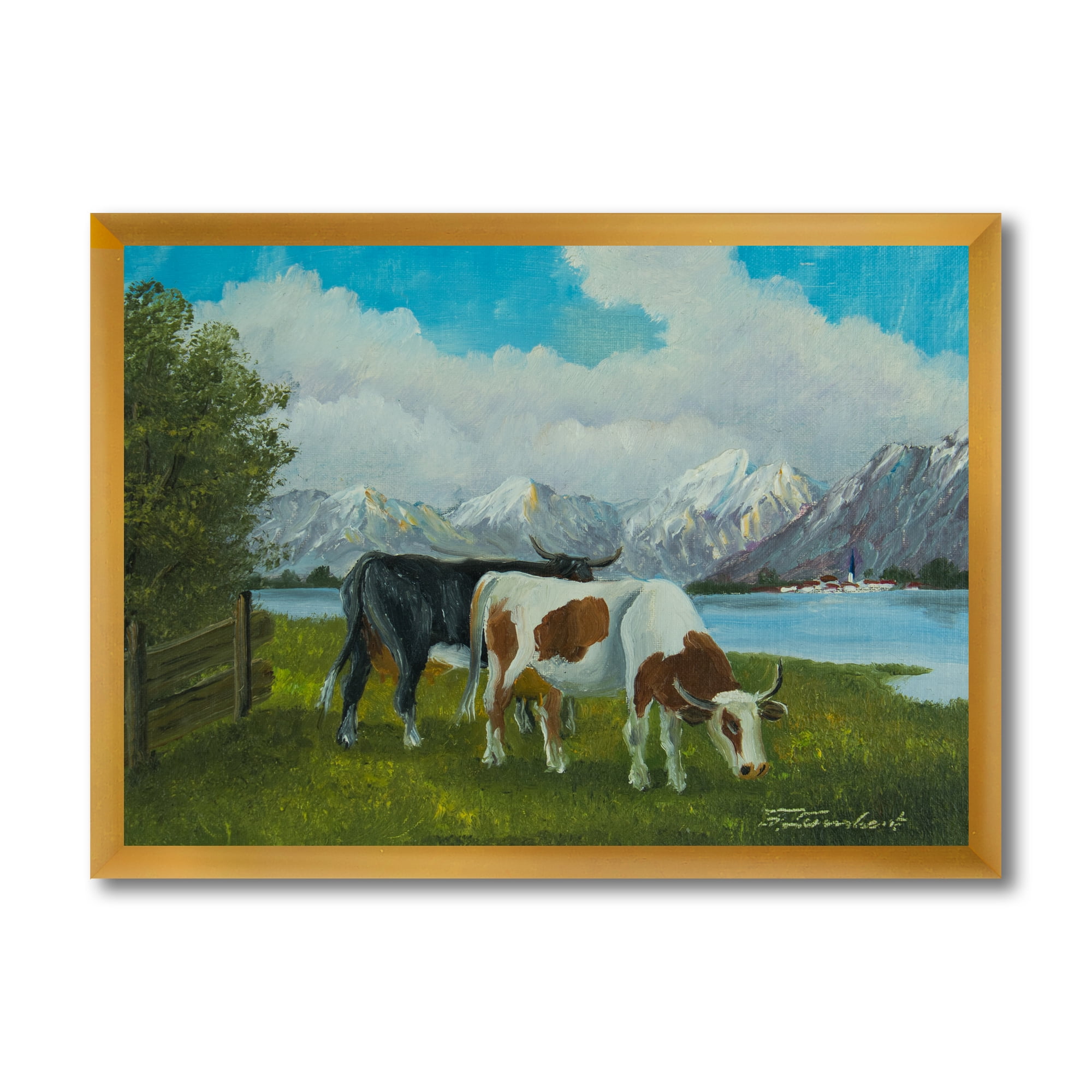 Designart 'Cows Eating Grass In Front Of A Lake' Farmhouse Framed Art Print