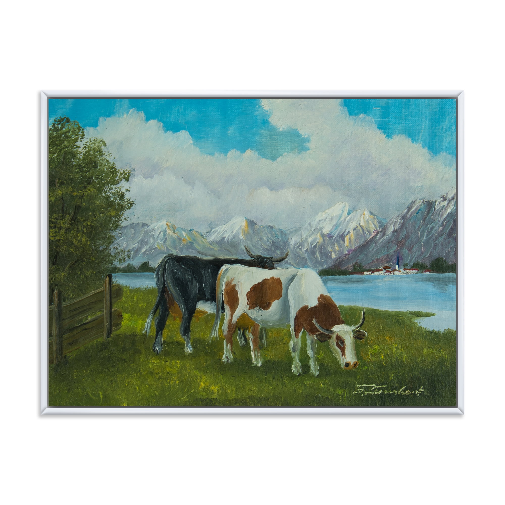 Designart 'Cows Eating Grass In Front Of A Lake' Farmhouse Framed Canvas Wall Art Print