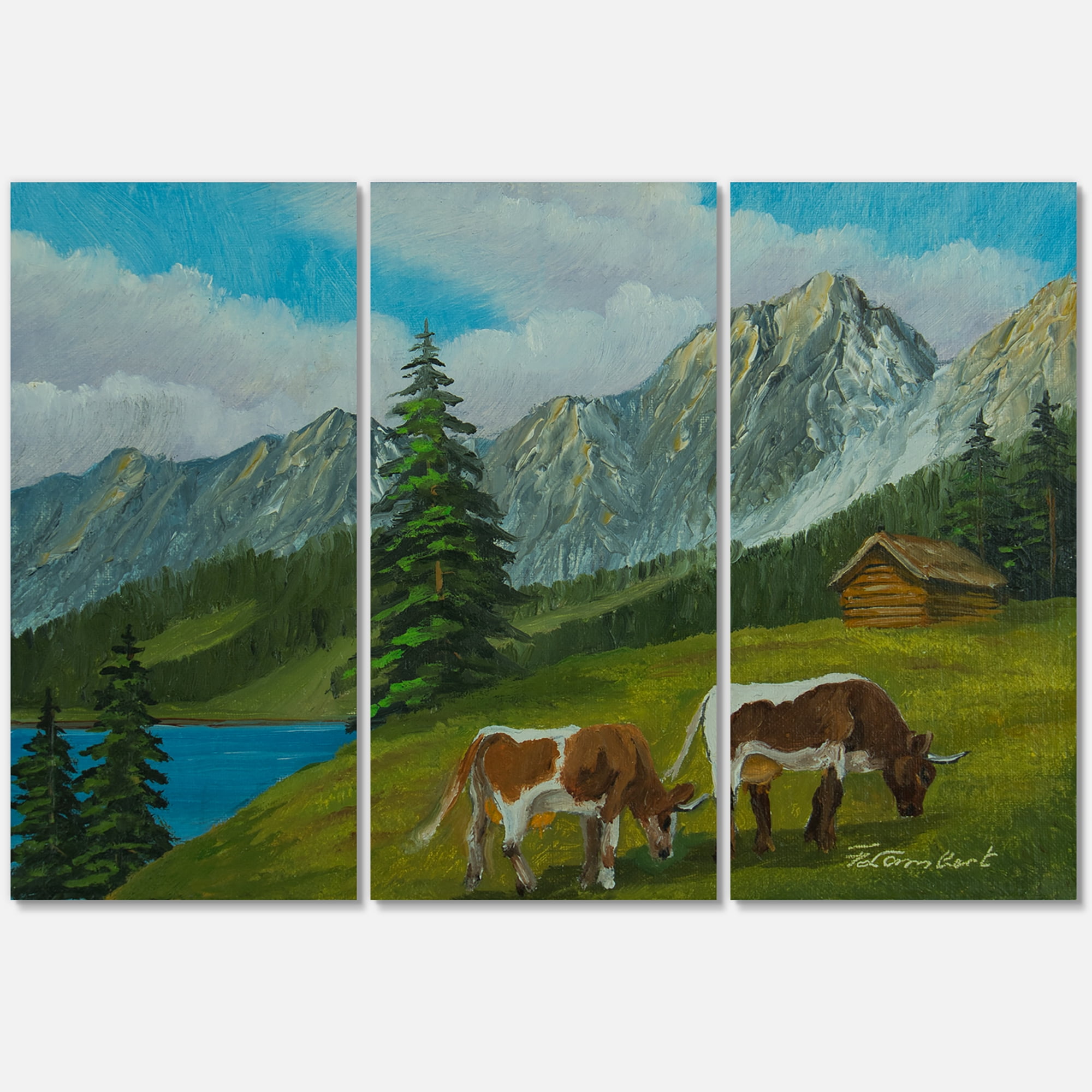 Designart ' Cows On A Green Meadow With Mountain Landscape With ' Farmhouse Canvas Wall Art Print