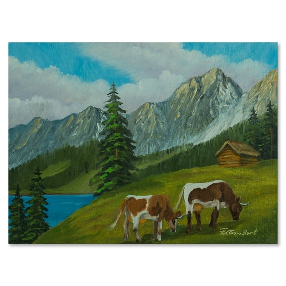 Designart ' Cows On A Green Meadow With Mountain Landscape With ' Farmhouse Canvas Wall Art Print
