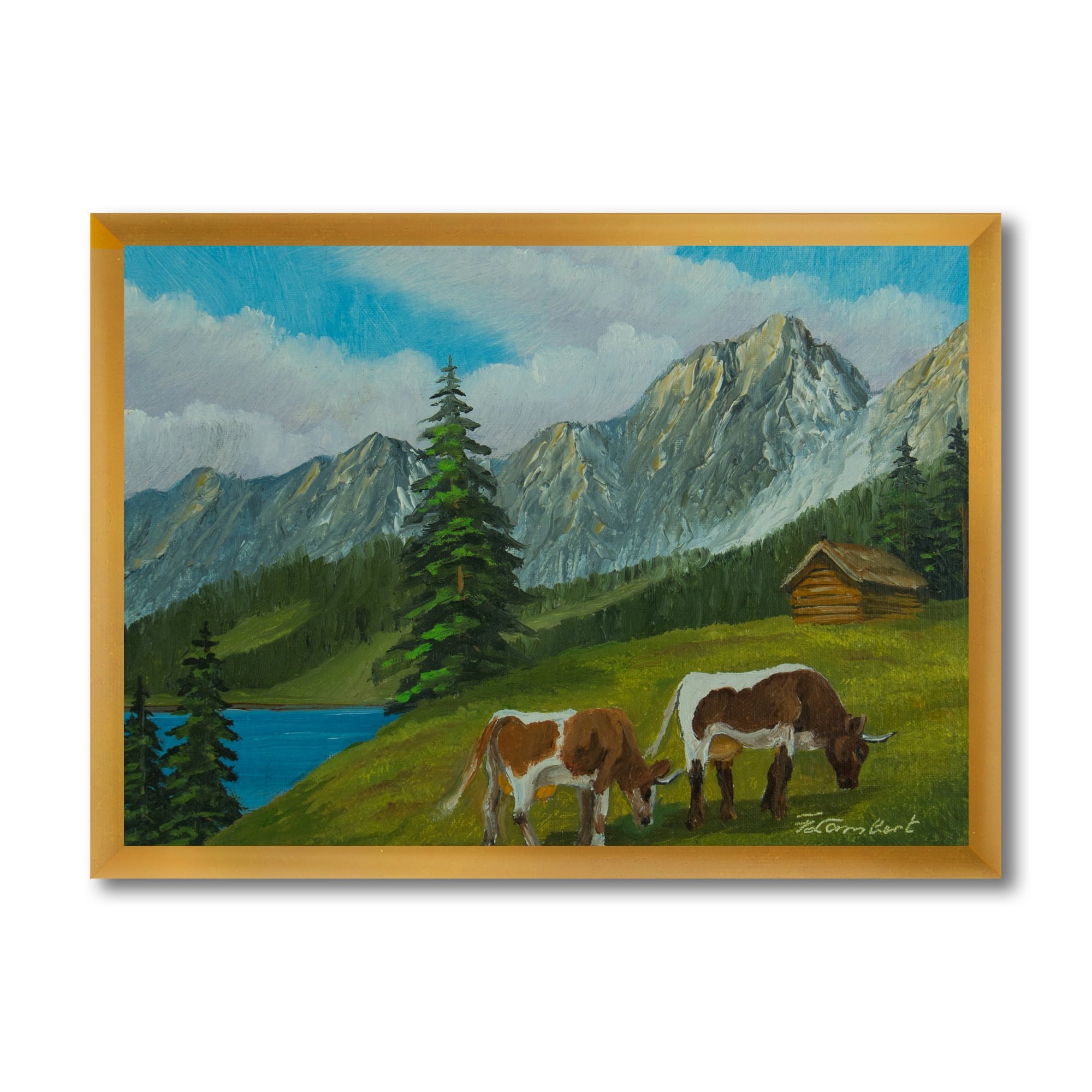 Designart 'Cows On A Green Meadow With Mountain Landscape With ' Farmhouse Framed Art Print
