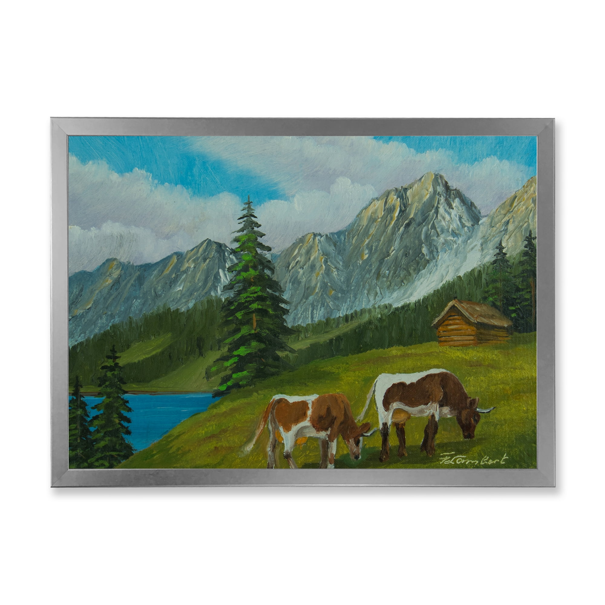 Designart 'Cows On A Green Meadow With Mountain Landscape With ' Farmhouse Framed Art Print