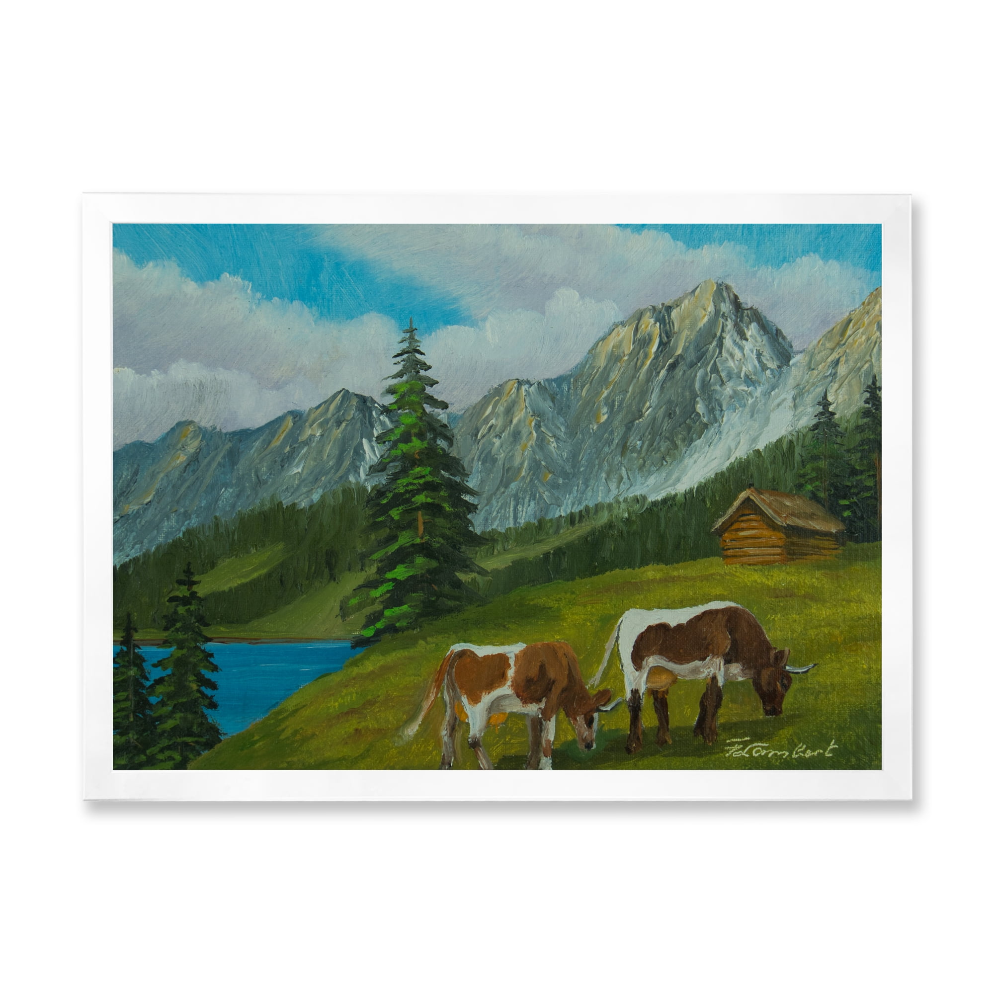 Designart 'Cows On A Green Meadow With Mountain Landscape With ' Farmhouse Framed Art Print