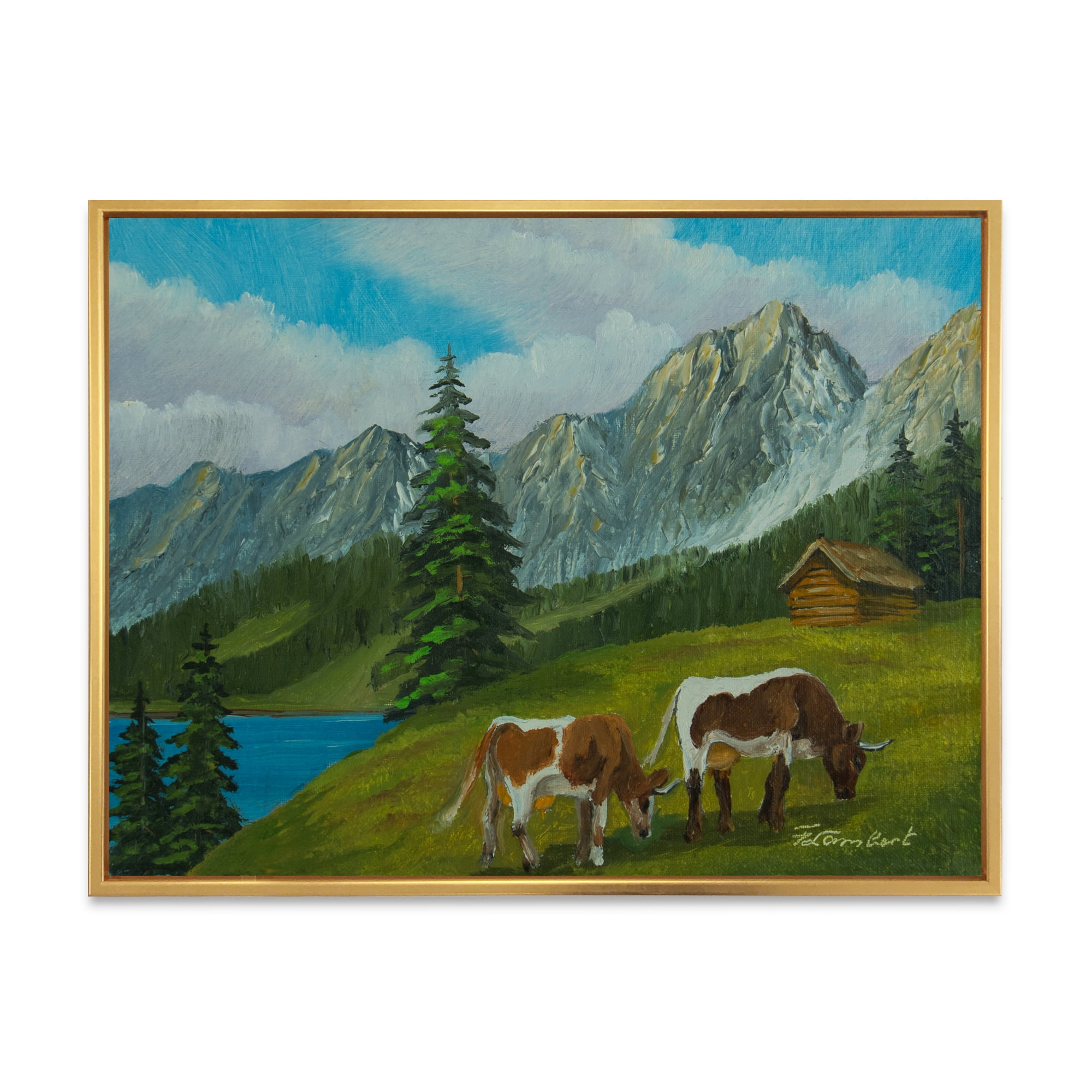 Designart 'Cows On A Green Meadow With Mountain Landscape With ' Farmhouse Framed Canvas Wall Art Print
