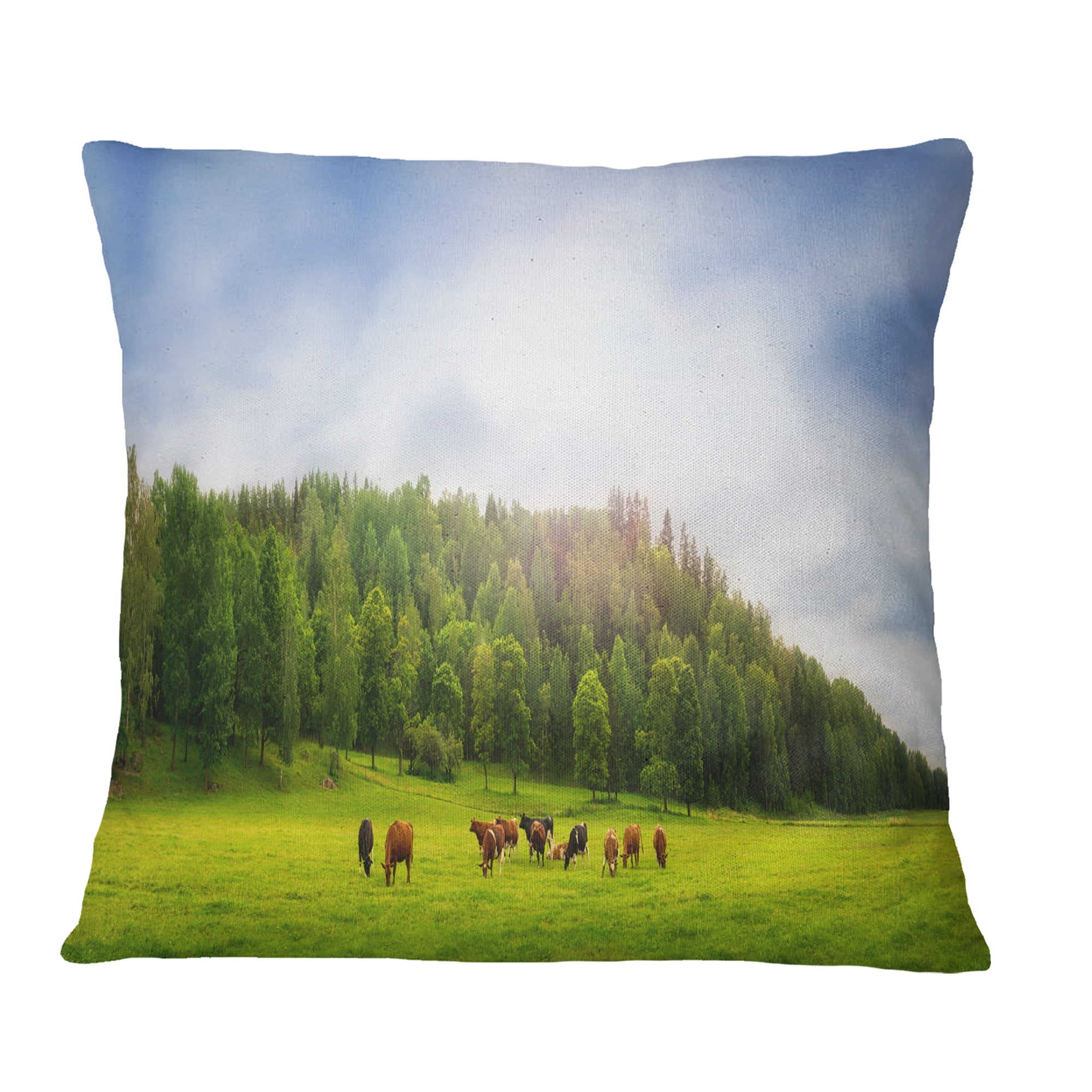 Designart Cows on Field Panorama - Landscape Printed Throw Pillow - 16x16