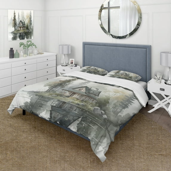 Designart "Cozy Cottage by the Tranquil Lake II" Lake House Cottage Bedding Covert Set - Traditional Green Landscapes Bed Set With 2 Shams