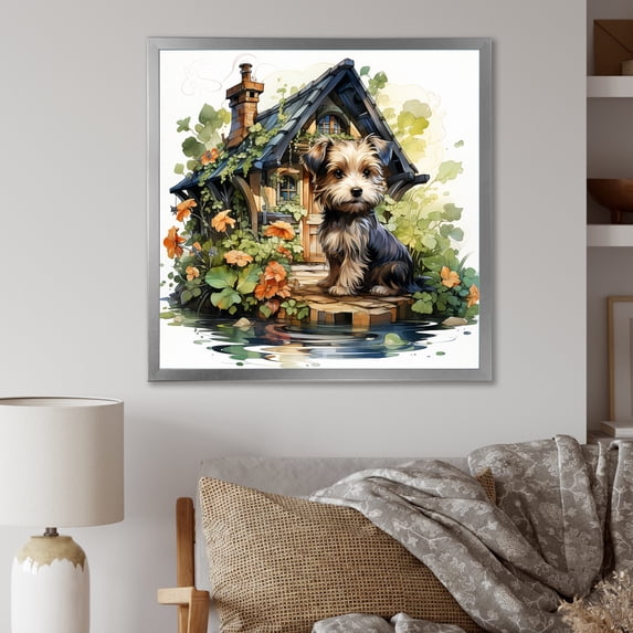 Designart "Cozy Cottage with Yorkshire Terrier" Animals Framed Wall Art Decor - Modern Brown Dog Living Room Framed Canvas Art