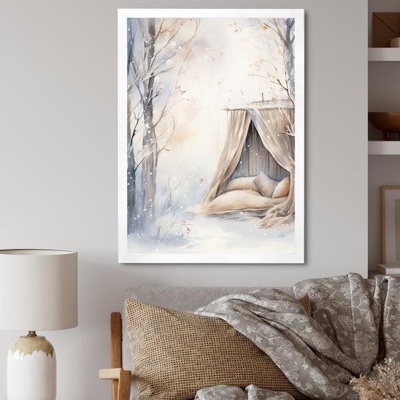 Designart "Cozy Retreat in Winter Cottage I" Landscapes Framed Wall Art - Traditional Beige Winter Landscape Entryway Framed Wall Art