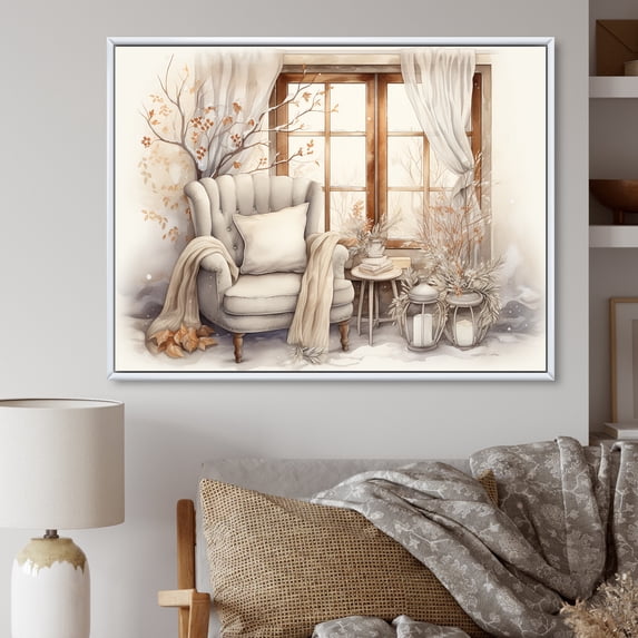 Designart "Cozy Retreat in Winter Cottage III" Farm Framed Wall Art - Country Beige Farm Windows Bedroom Framed Canvas Wall Art
