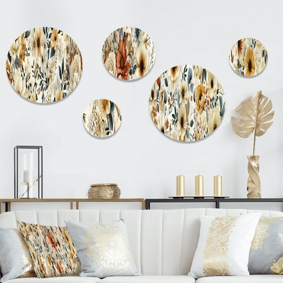Designart "Cozy Rustic Floral Glow I" Floral Round Wall Art Set Of 5 - Beige Cottage Wall Living Room Decor Set