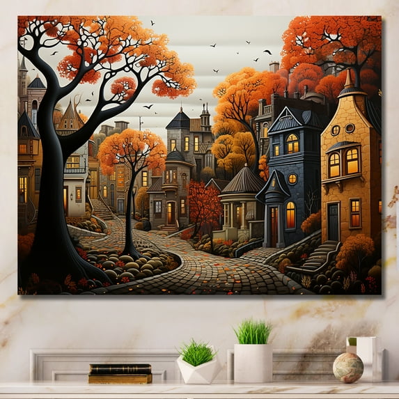 Designart "Cozy Village in Moonlit Autumn III" Cityscapes Wall Art - Industrial Orange City Art Deco Hallway Wall Art Decor