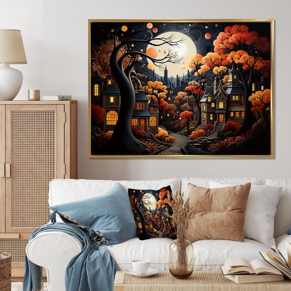 Designart "Cozy Village in Moonlit Autumn IV" Cityscapes Framed Wall Art - Industrial Orange City Art Deco Living Room Framed Canvas Art