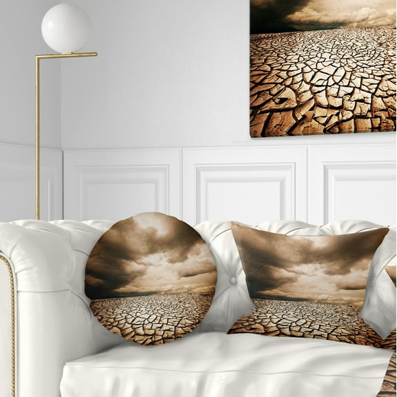 Designart Cracked Drought Land with Dark Clouds - Landscape Printed Throw Pillow - 12x20