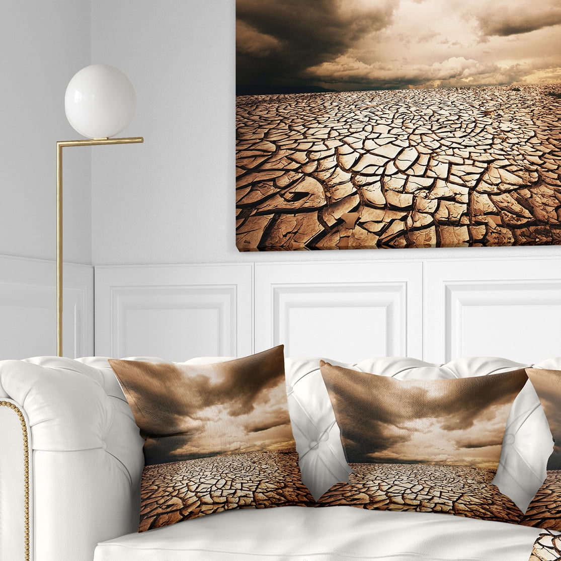 Designart Cracked Drought Land with Dark Clouds - Landscape Printed Throw Pillow - 18x18