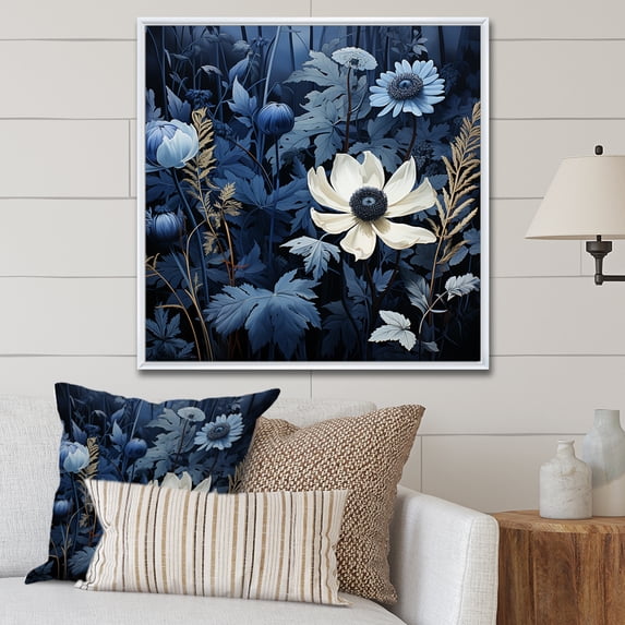 Designart "Crafted Delights Of Blue Blooms II" Flowers Floater Framed Wall Art Living Room