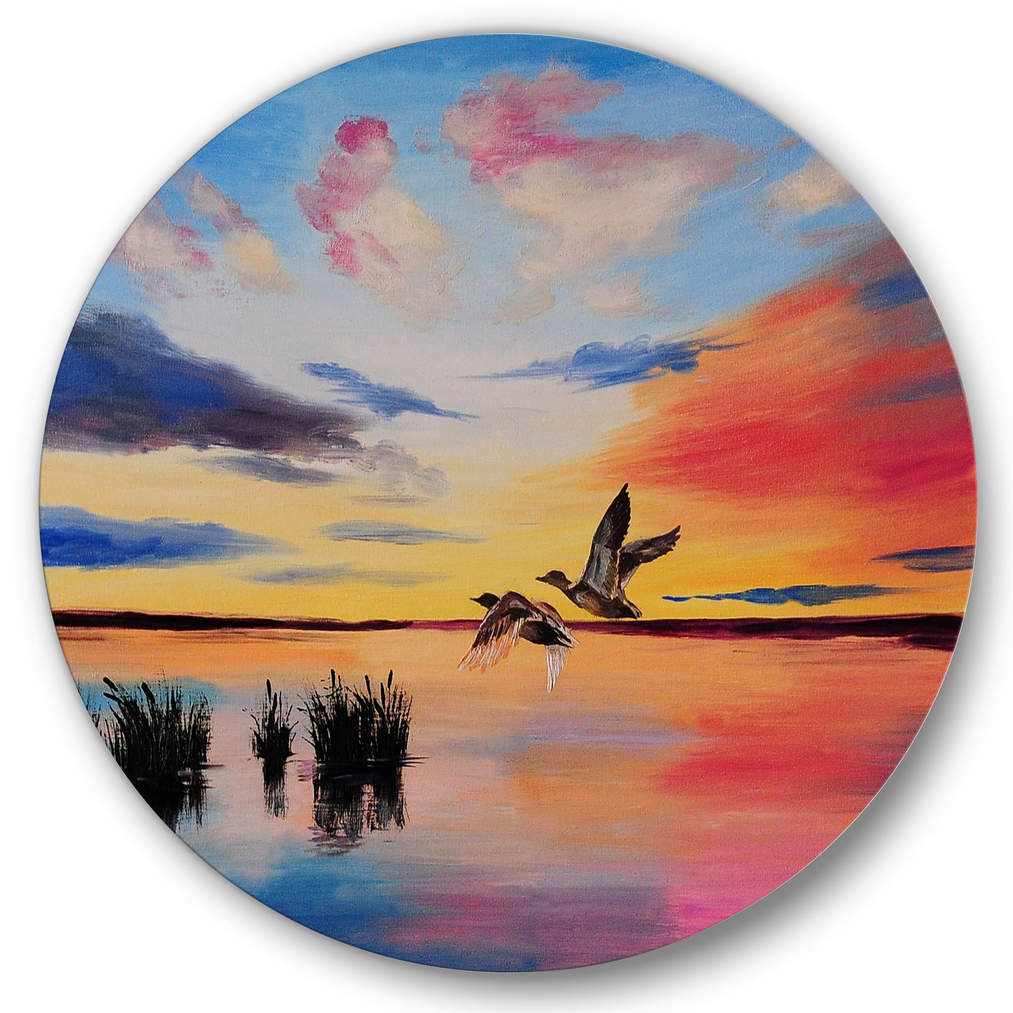 Designart 'Crane Birds Flying During Colorful Sunset' Nautical & Coastal Circle Metal Wall Art 23x23 - Disc of 23