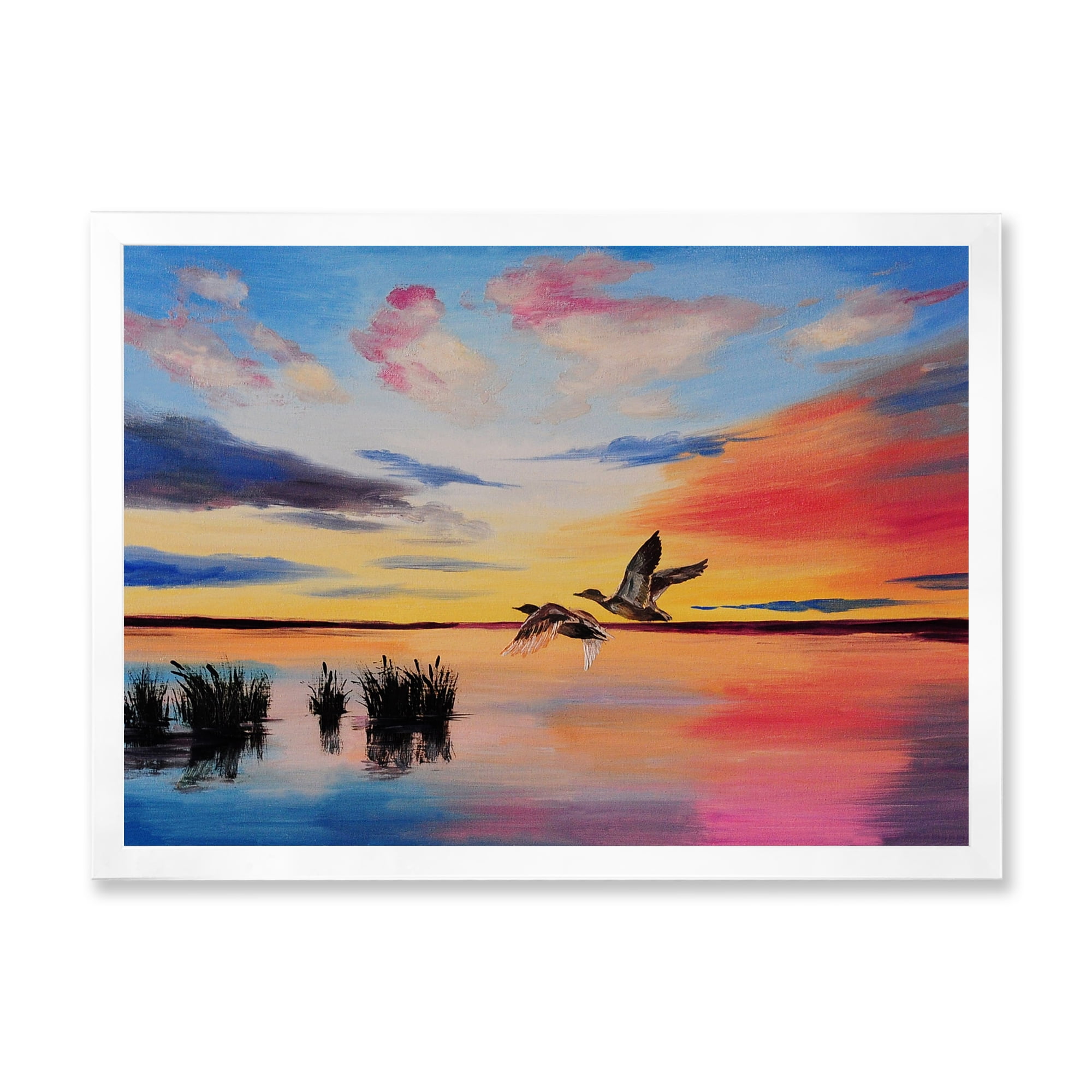 Designart 'Crane Birds Flying During Colorful Sunset' Nautical & Coastal Framed Art Print