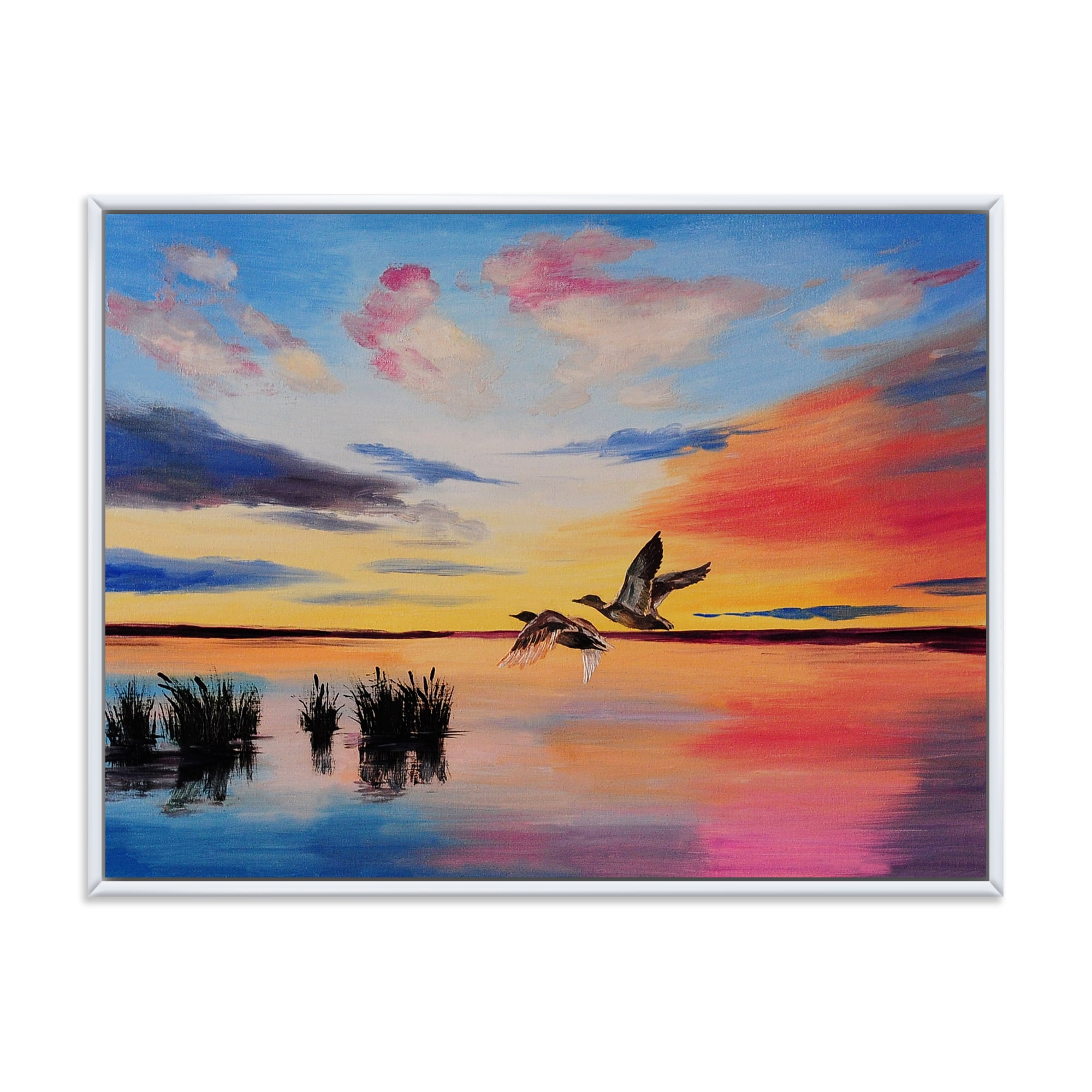 Designart 'Crane Birds Flying During Colorful Sunset' Nautical & Coastal Framed Canvas Wall Art Print